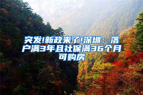 突发!新政来了!深圳：落户满3年且社保满36个月可购房