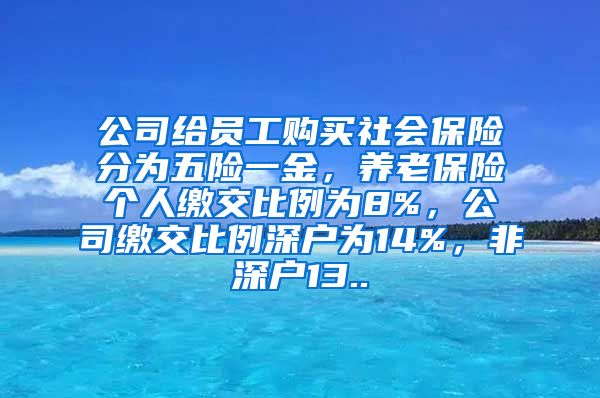 公司给员工购买社会保险分为五险一金，养老保险个人缴交比例为8%，公司缴交比例深户为14%，非深户13..